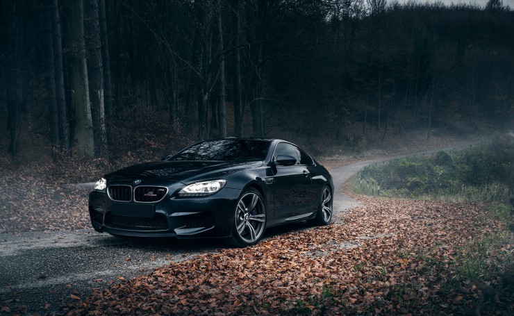 Черная BMW M6 в осеннем лесу