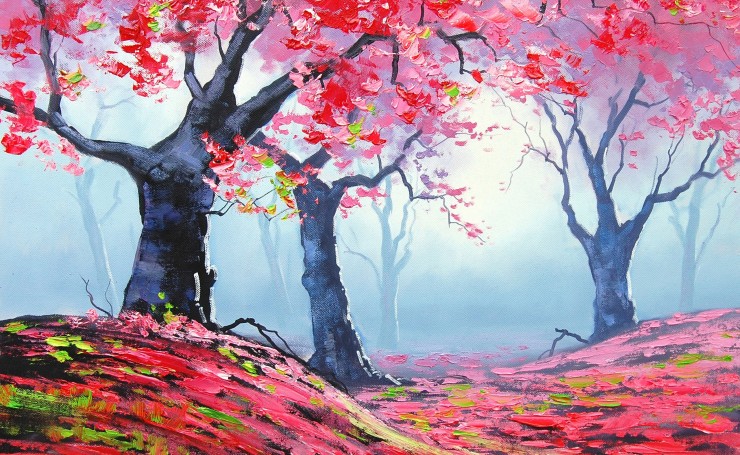 Нарисованный красный осенний лес