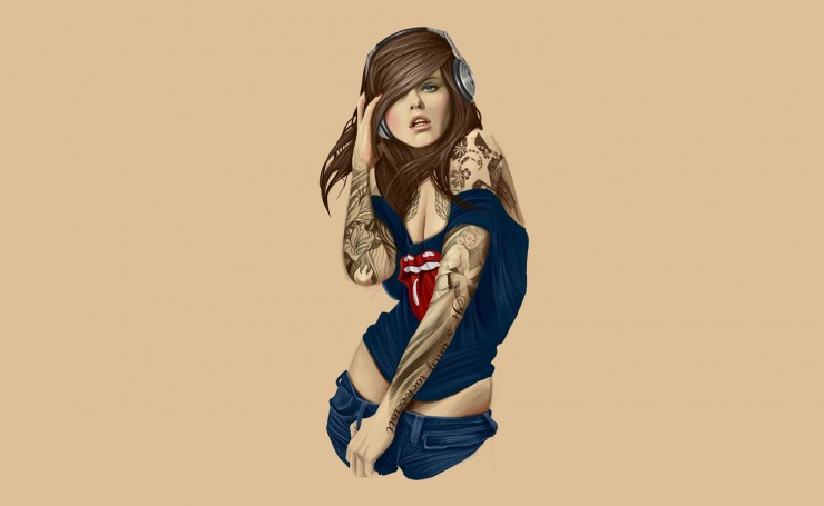 Татуированная девушка в наушниках, арт