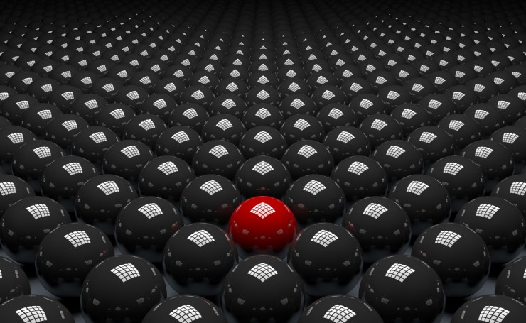 Красный шар среди черных 3D шаров