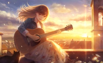 Аниме девушка с гитарой на фоне заката