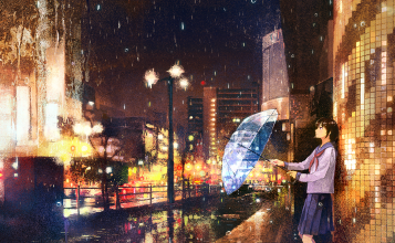 Аниме девушка с зонтом на улице