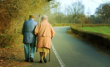 Дедушка с бабушкой идут по дороге в парке
