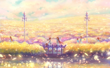 Красивый аниме пейзаж и девушки