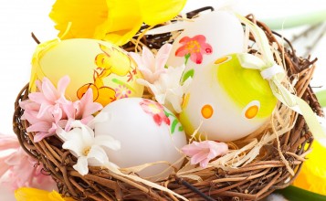 Раскрашенные пасхальные яйца в плетеном гнезде