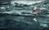 Борцы на платформе в море с акулами