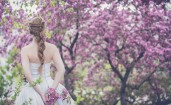 Девушка в белом платье спиной на фоне розовых деревьев