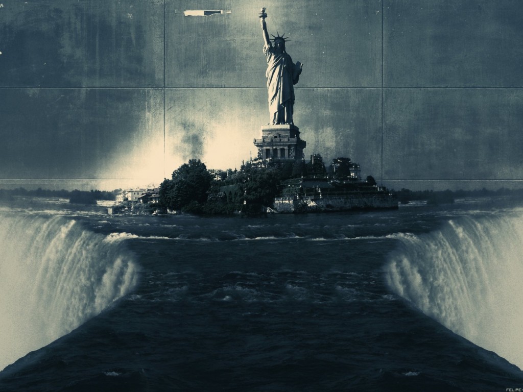 Статуя свободы на краю водопада 1024x768