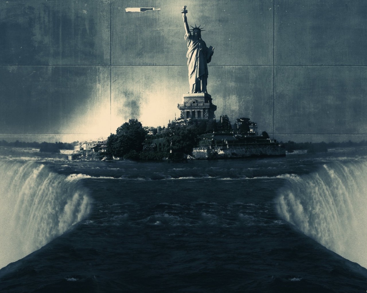Статуя свободы на краю водопада 1280x1024