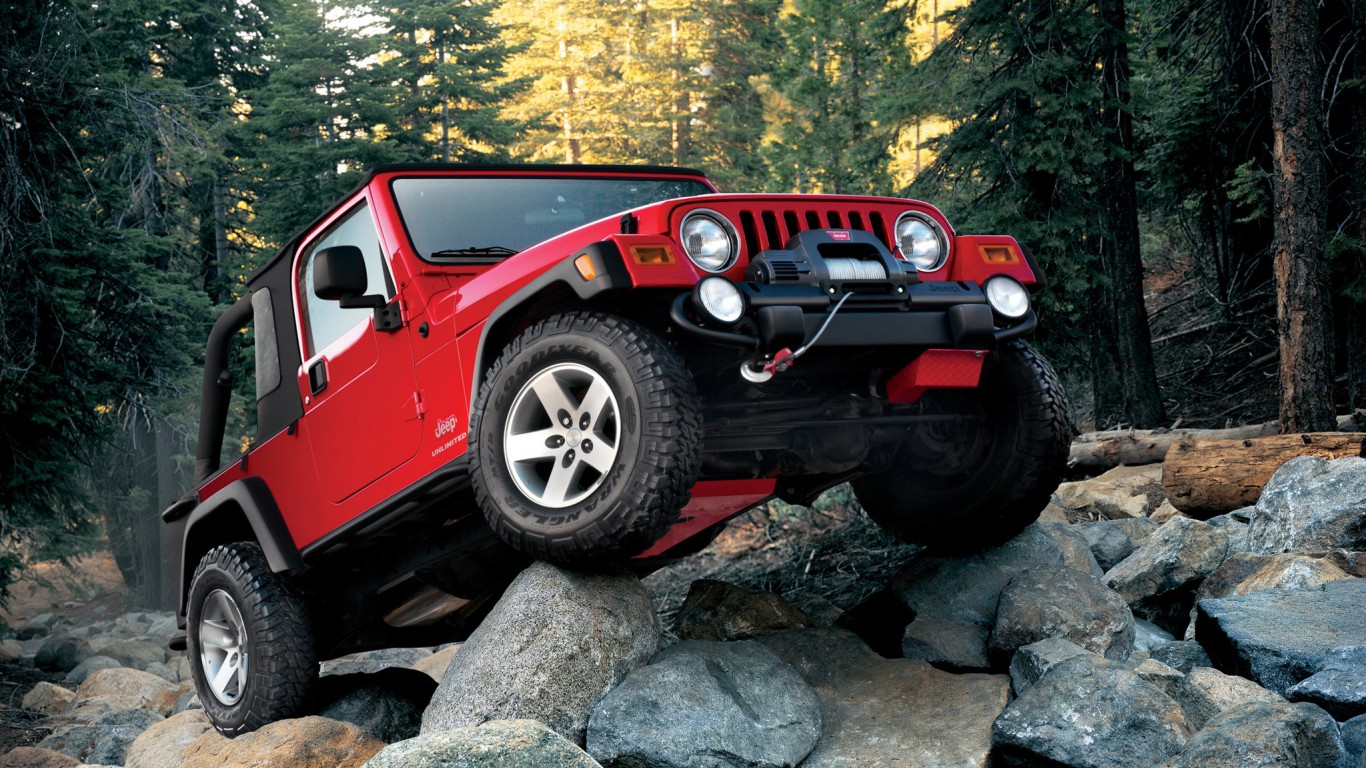 Красный Jeep Wrangler на камнях 1366x768