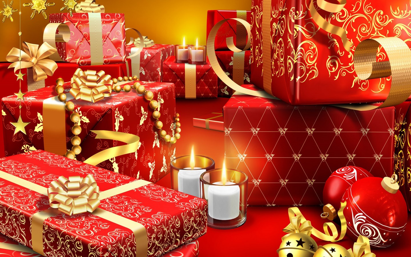Новогодние подарки и свечи 1440x900