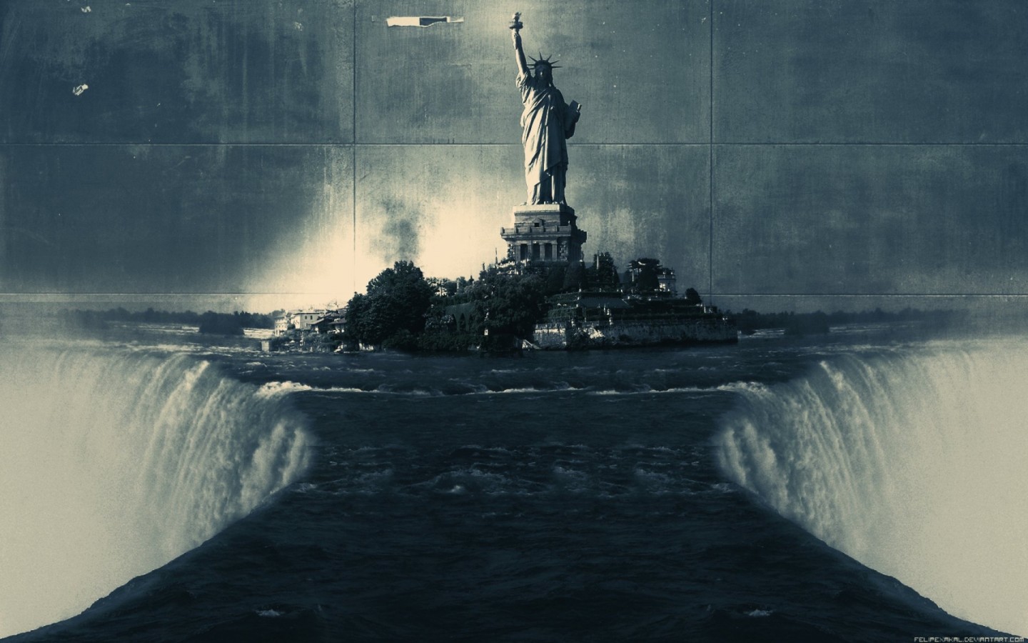 Статуя свободы на краю водопада 1440x900