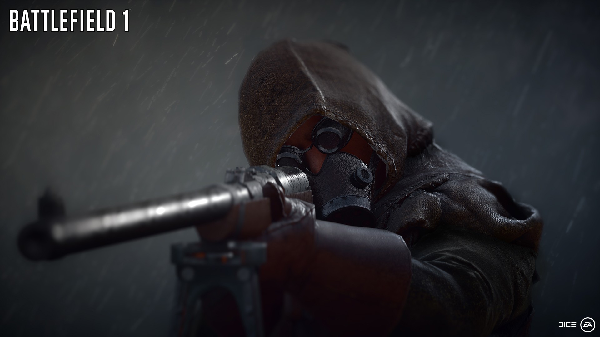 Обои Солдат в капюшоне и маске с винтовкой, Battlefield 1 1920x1080 скачать  бесплатно на рабочий стол